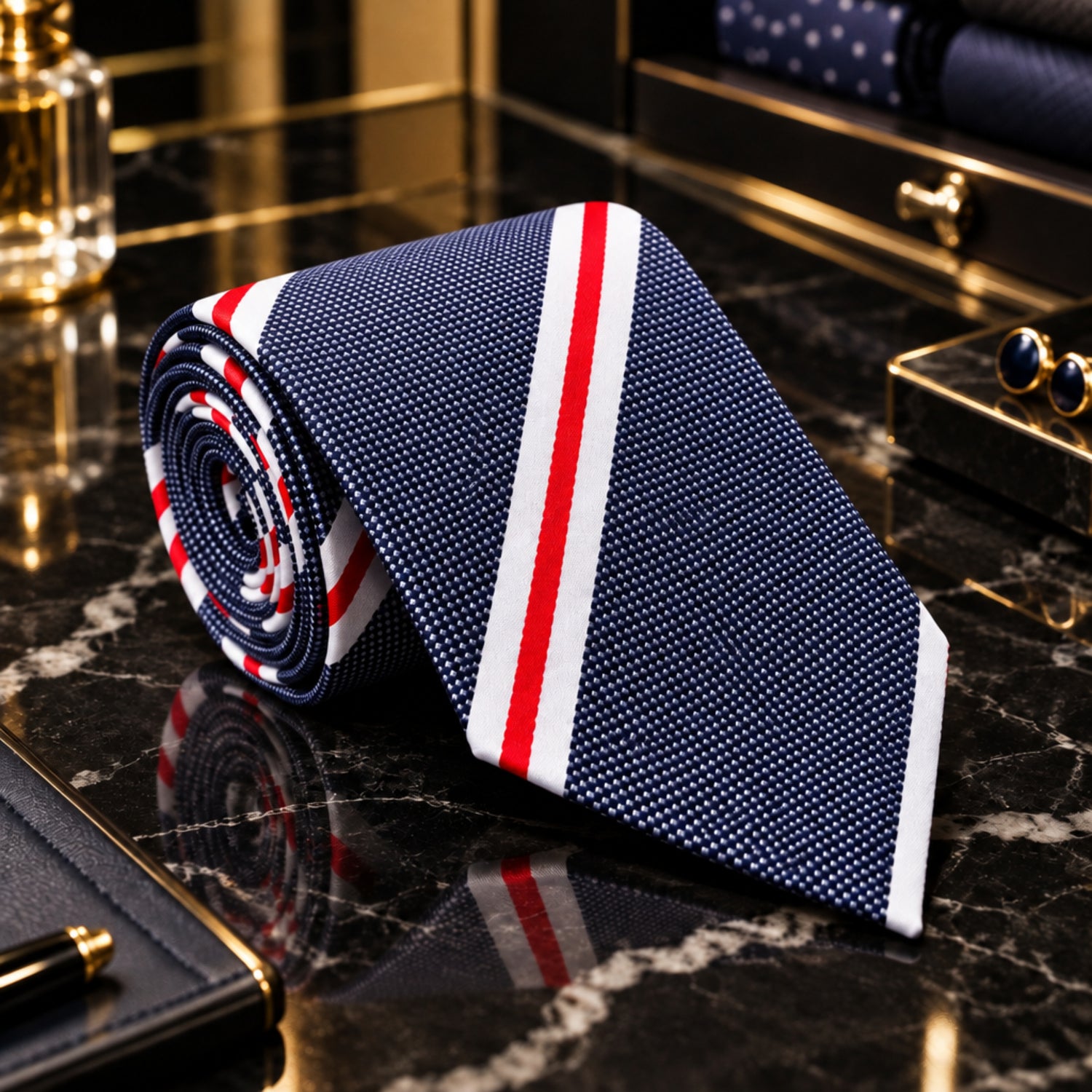 Dark Blue White Red Stripe Tie