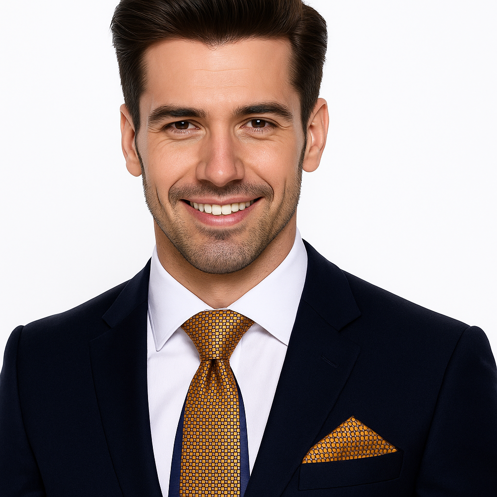 Man wearing a dark suit with a gold tie and pocket square on a white background