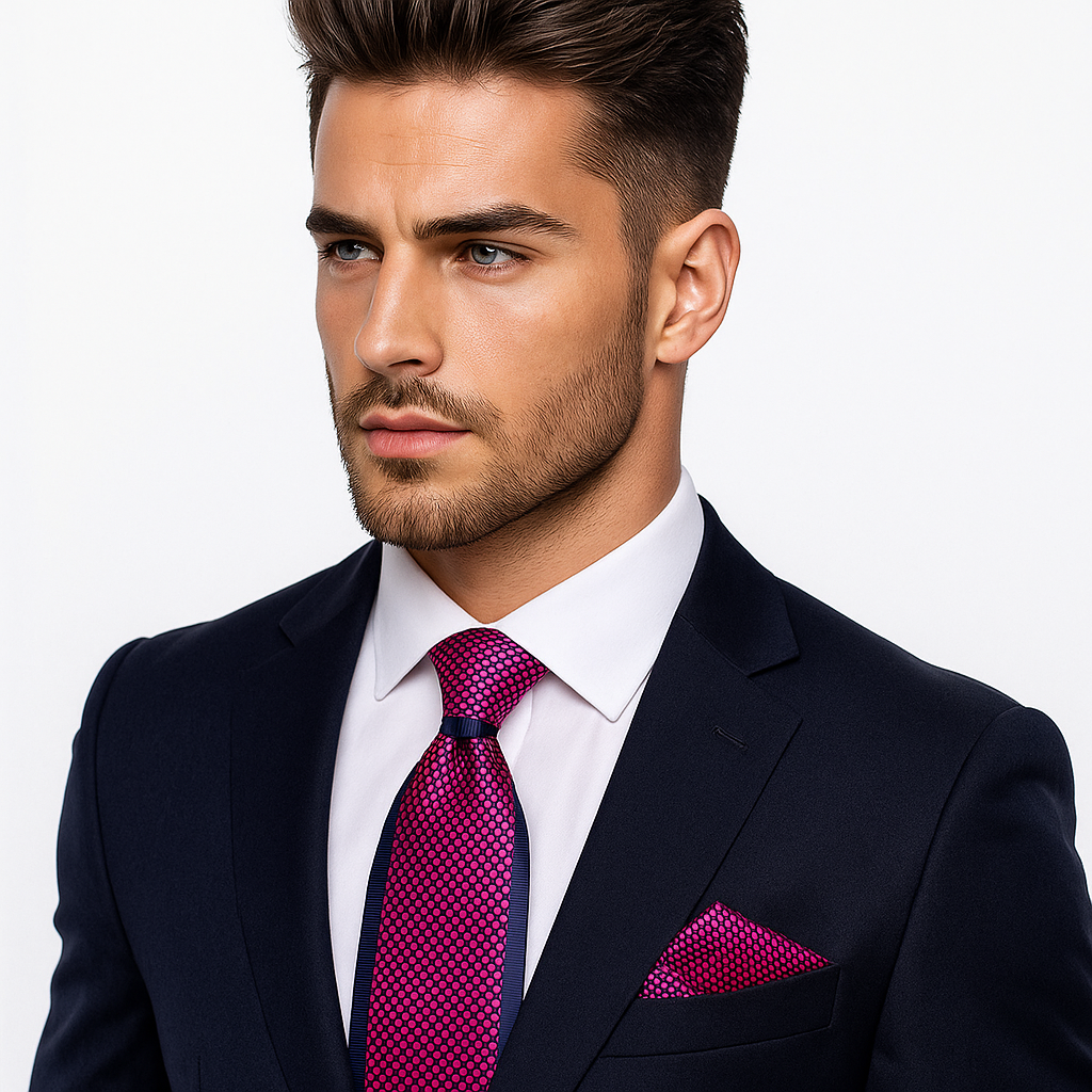 Man wearing a dark suit with a white shirt and pink patterned tie and pocket square.