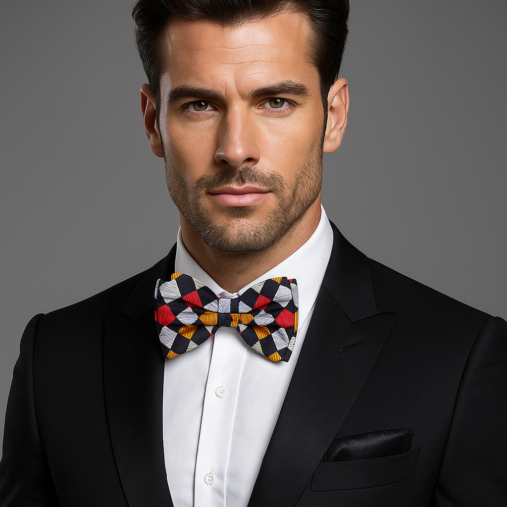 Man wearing a black suit with a colorful bow tie on a gray background