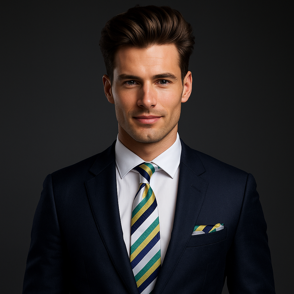 Man wearing a dark suit with a striped tie against a dark background