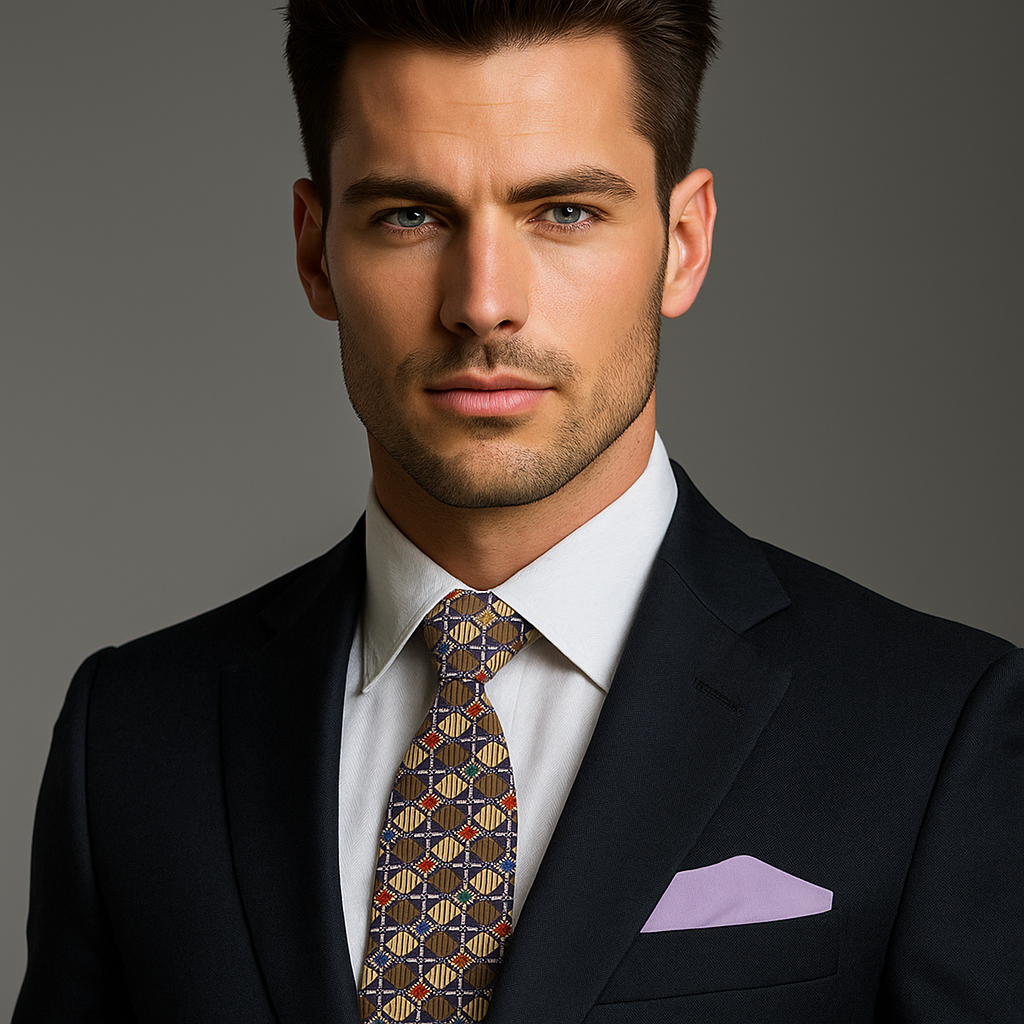 Man wearing a black suit with a patterned tie and purple pocket square on a gray background