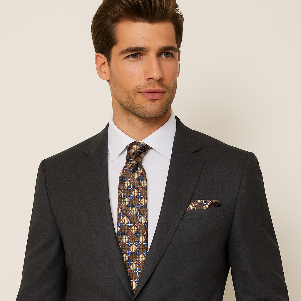 Man wearing a dark suit with a patterned tie and pocket square on a beige background