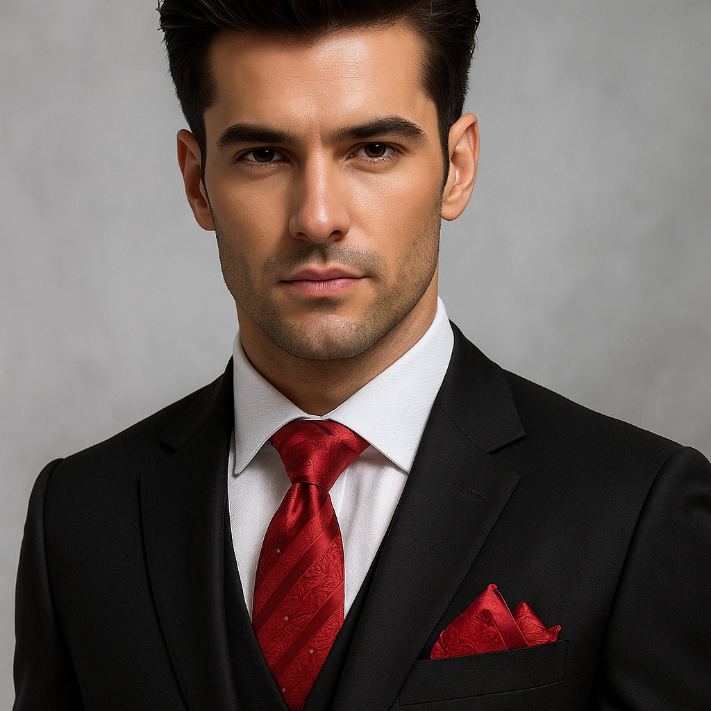 Man wearing a black suit with a red tie and pocket square on a gray background