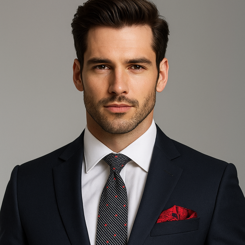 Black, Red Polka Necktie and Accenting Square on Man