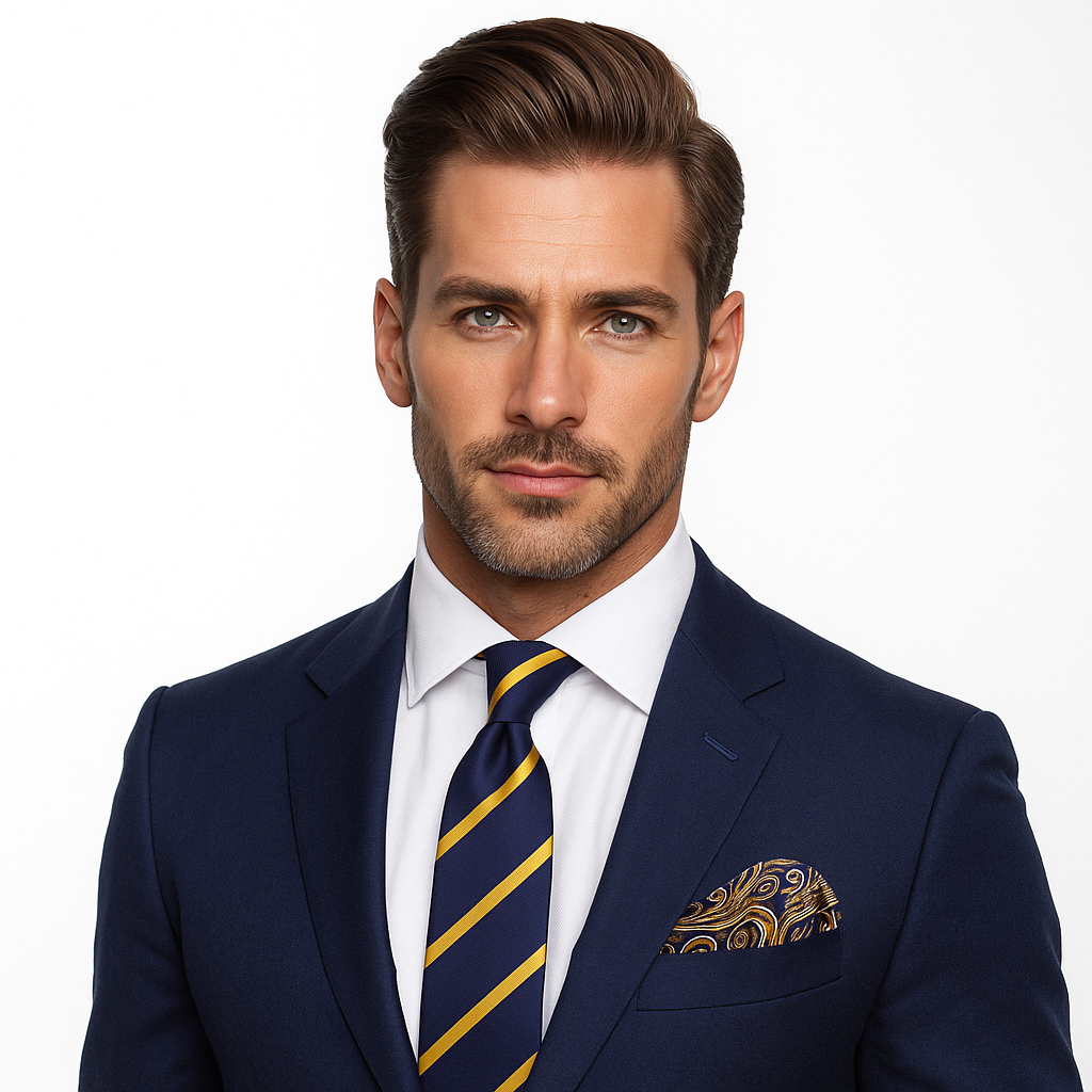 Man wearing a navy suit with a striped tie and pocket square on a white background