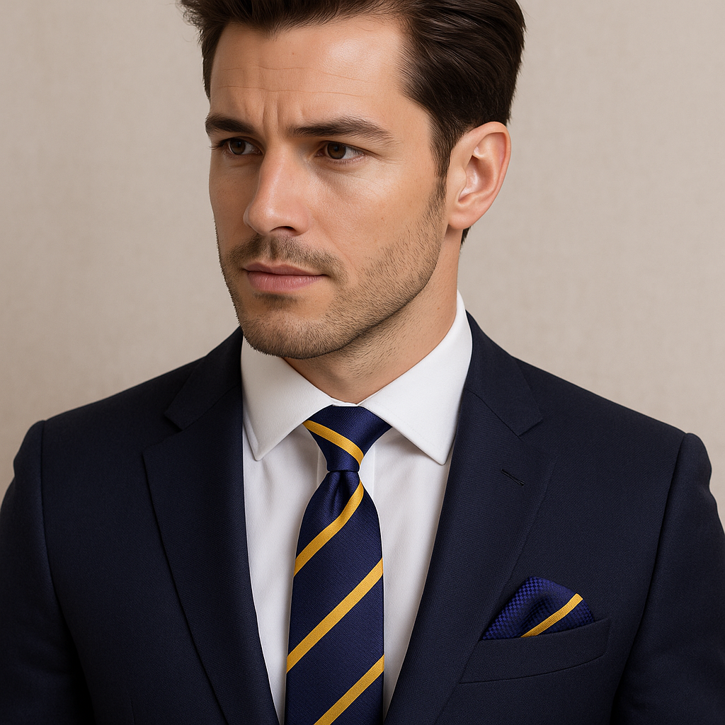 Man wearing a navy suit with a white shirt and striped tie against a beige background