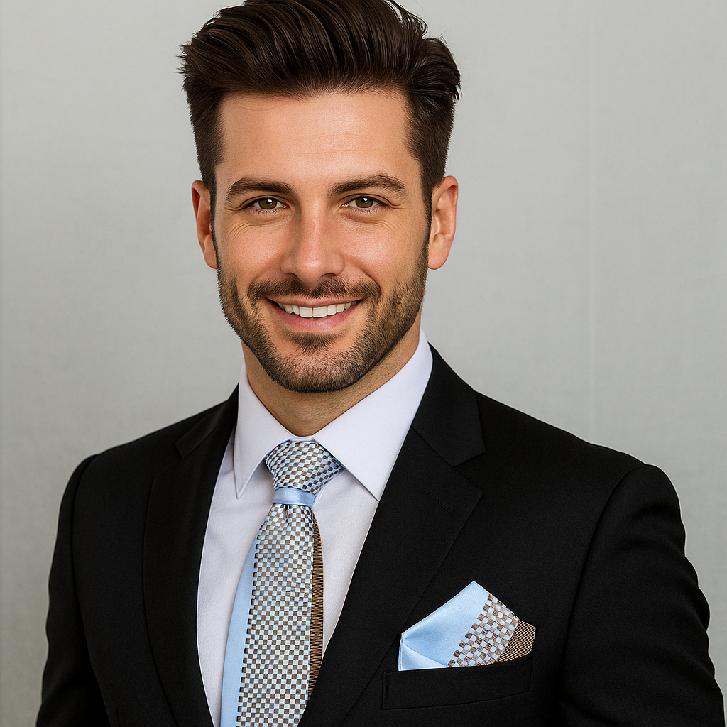 Man wearing a black suit with A Light Blue and Light Brown Abstract Shaped Pattern Necktie With Matching Square