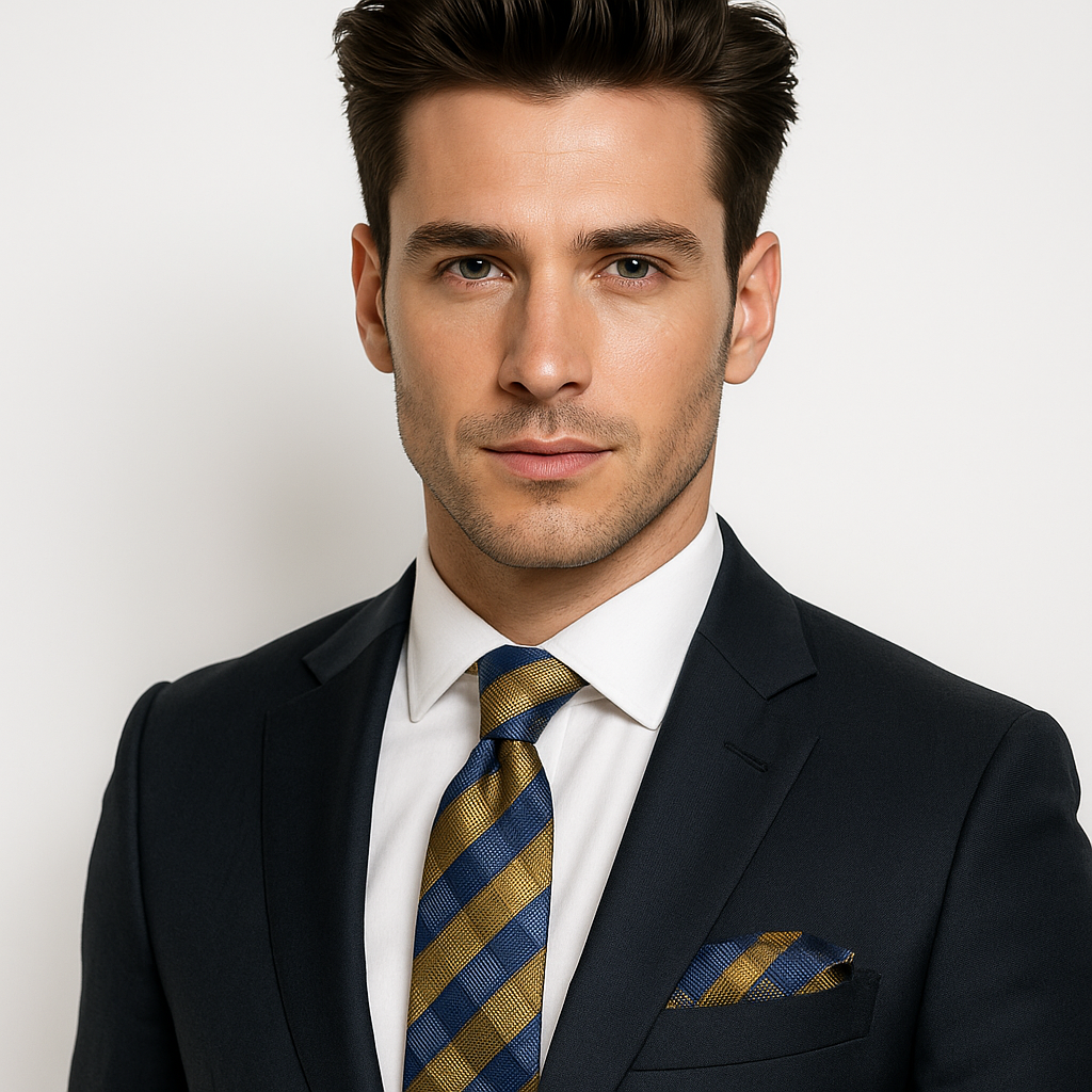 Man wearing a dark suit with a orange and blue plaid tie and pocket square on a light background