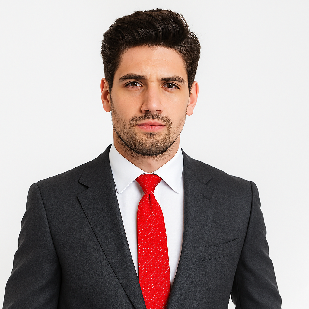 Man wearing a gray suit with a red tie on a white background