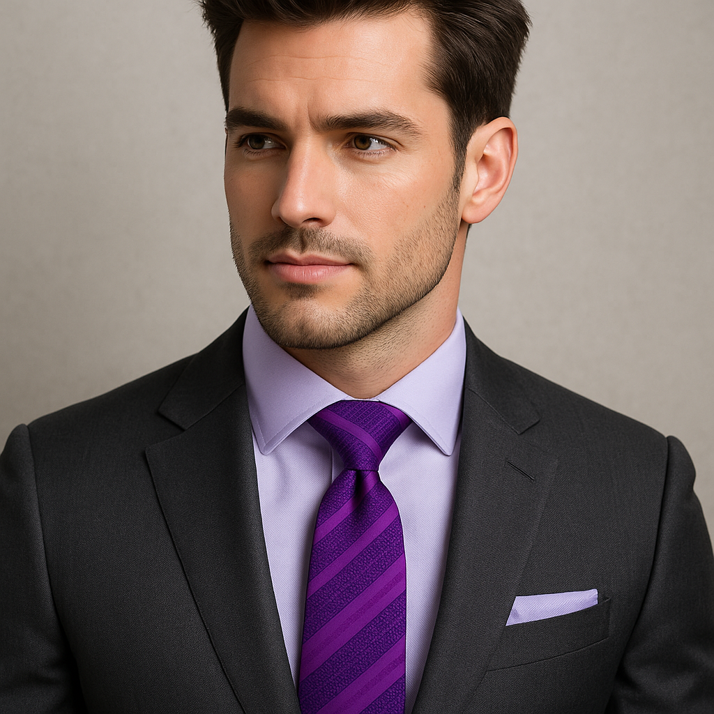 Man wearing a dark suit with a purple striped tie against a neutral background