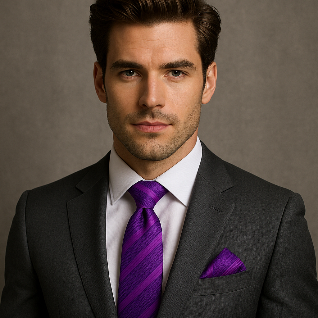 Man wearing a dark suit with a purple tie and pocket square against a neutral background
