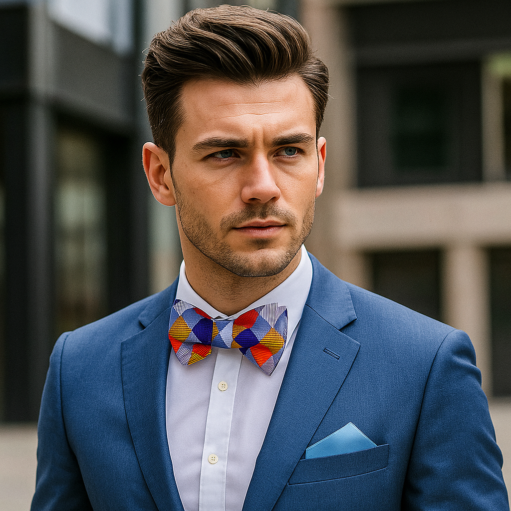 Man wearing a blue suit with a colorful bow tie and pocket square, standing outdoors.