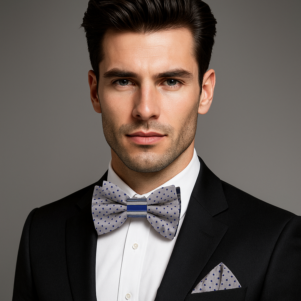 Man wearing a black suit with a white shirt and patterned bow tie on a gray background