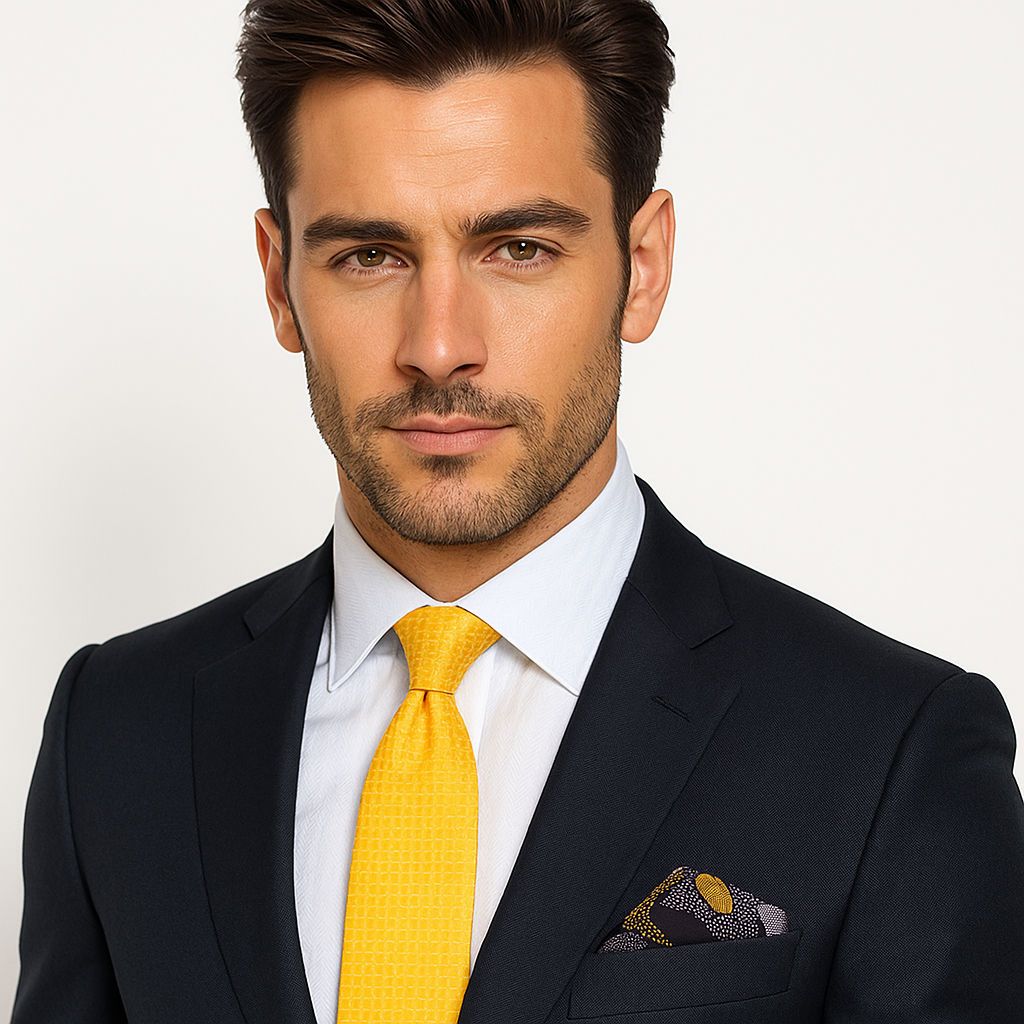 Man wearing a black suit with a yellow tie and white shirt on a light gray background