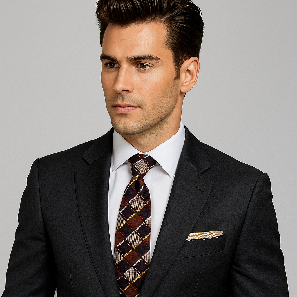 Man wearing a black suit with a patterned brown check tie on a gray background