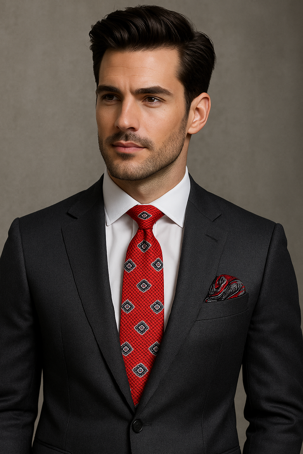 Man wearing beautiful red geometric tie and square