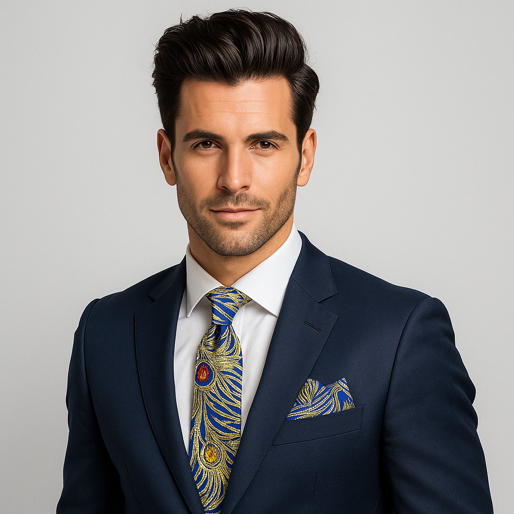 Man wearing a navy suit with a patterned tie and pocket square on a gray background