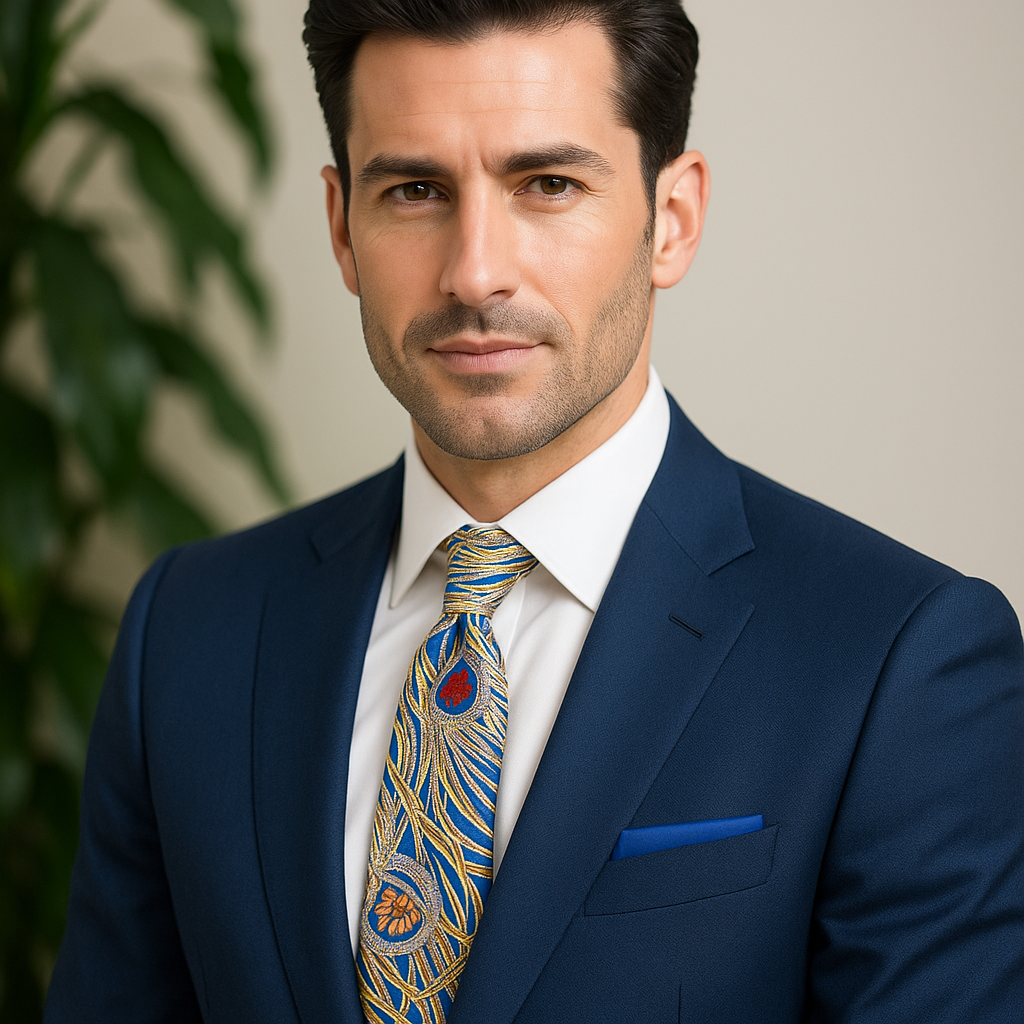 Man wearing a blue suit with a patterned tie against a neutral background