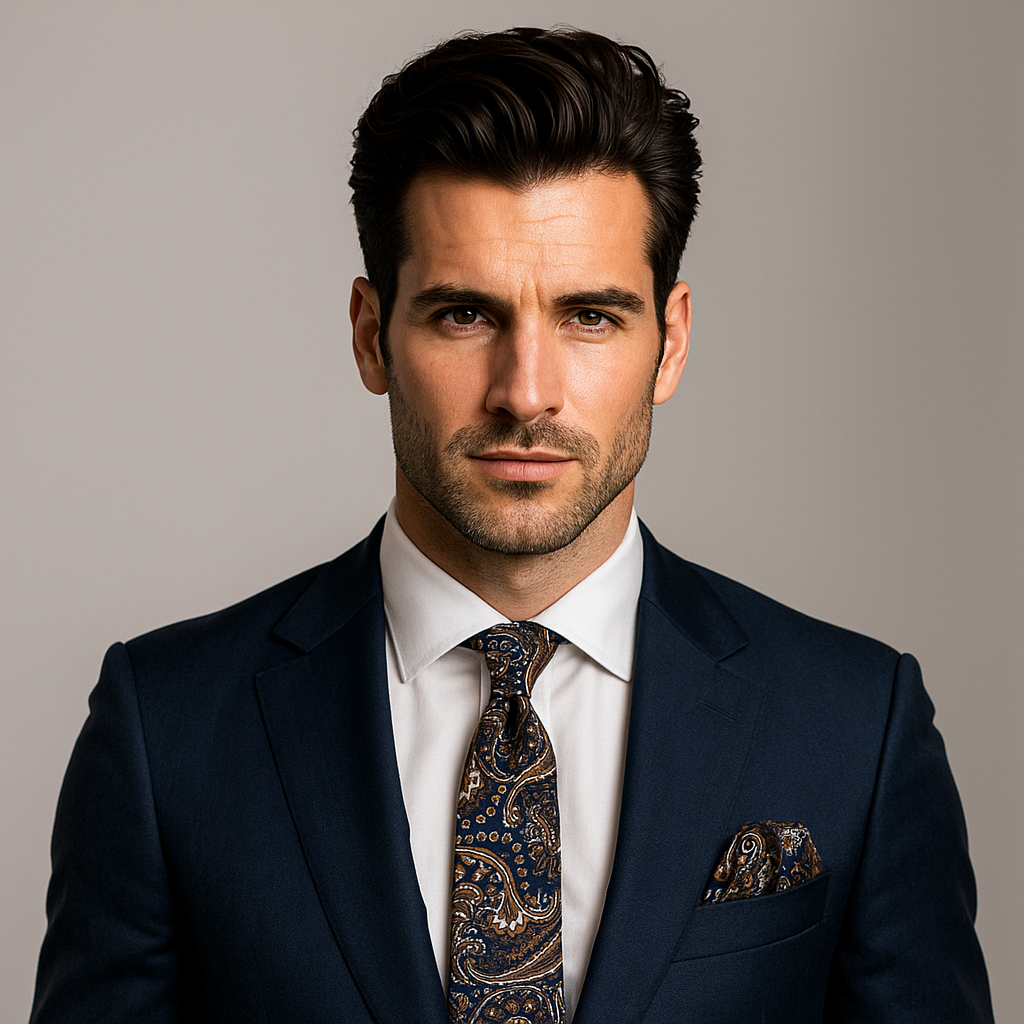 Man wearing a dark suit with a patterned tie and pocket square on a neutral background