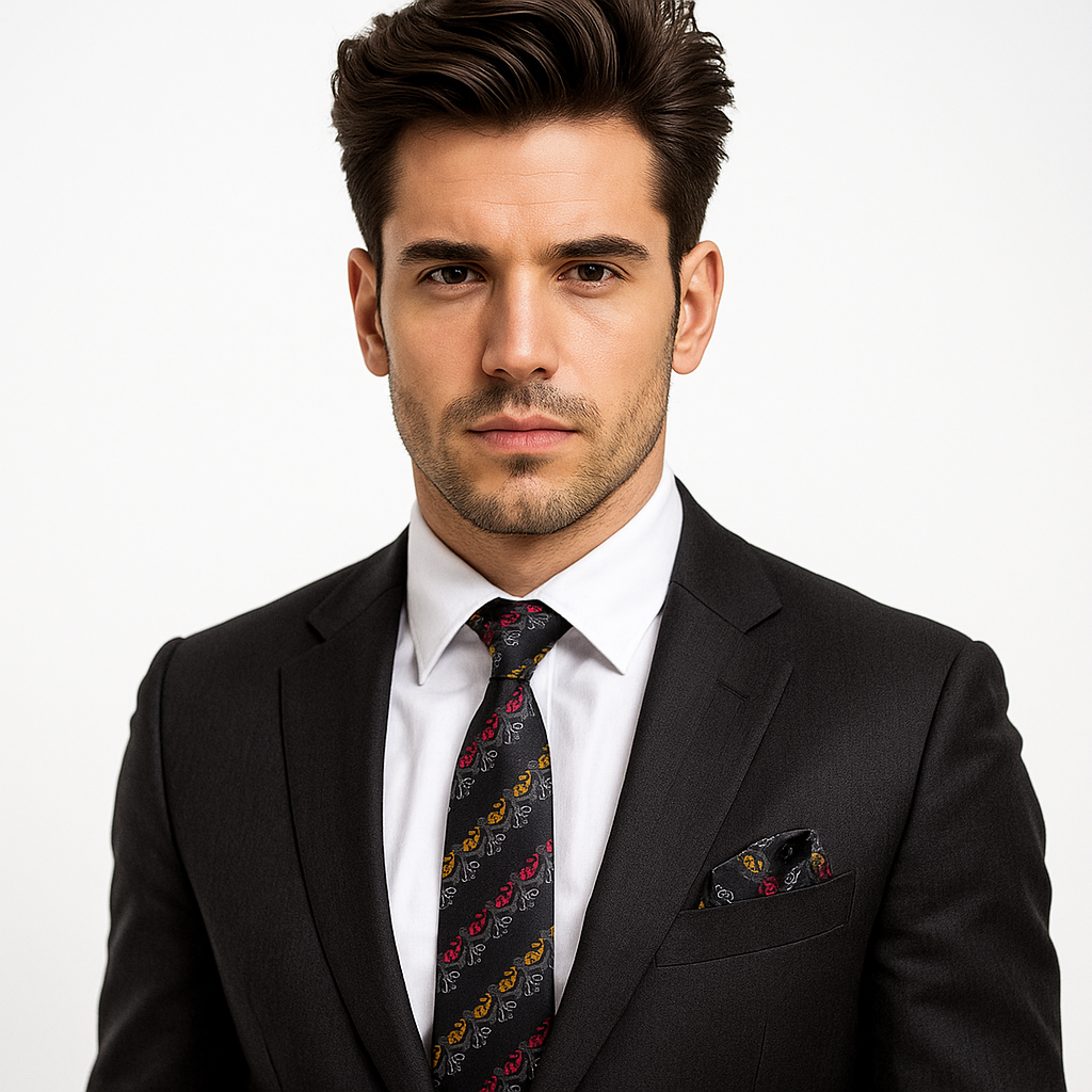 Man wearing a black suit with a patterned tie and pocket square on a white background