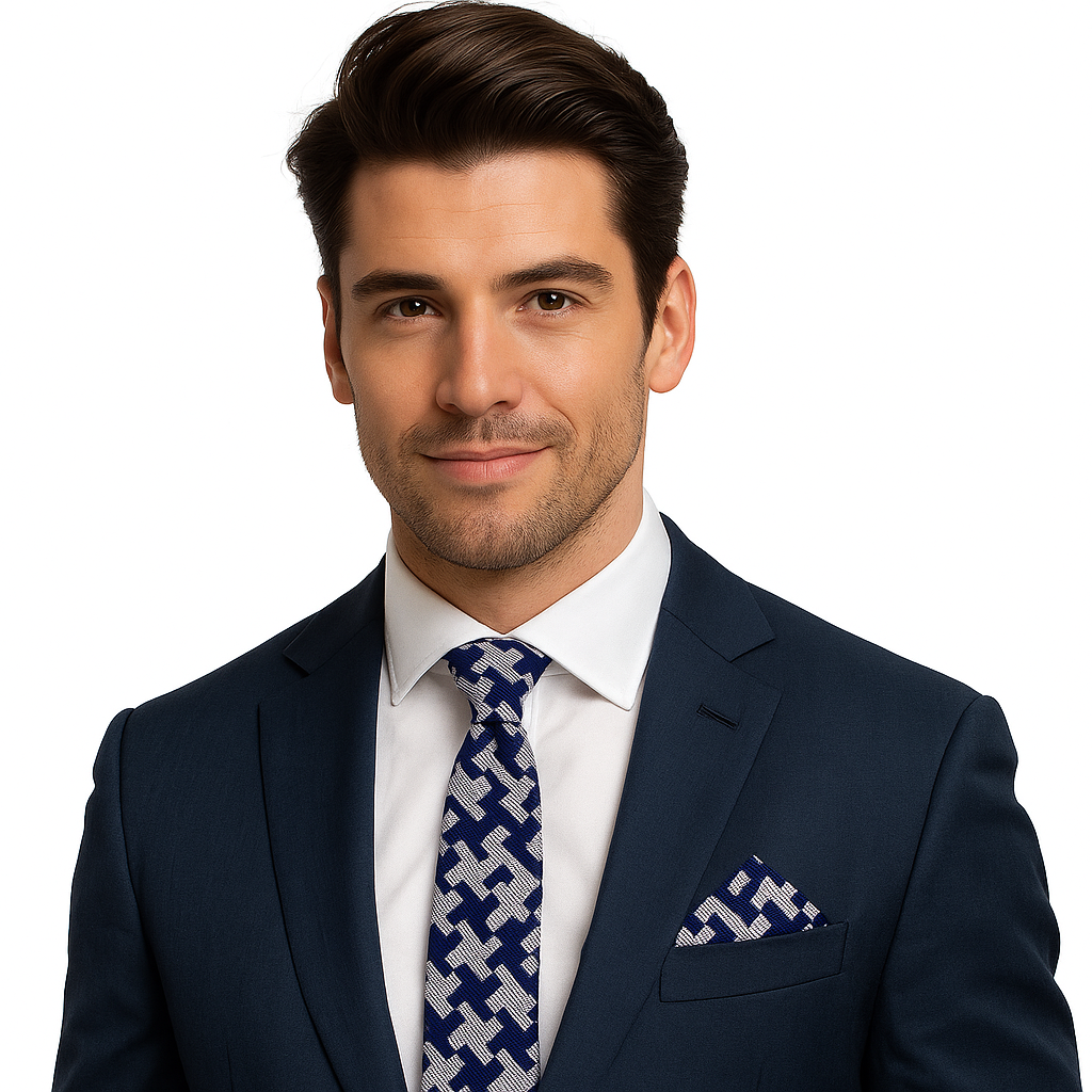 Man wearing a navy suit with a white shirt and blue patterned tie on a white background