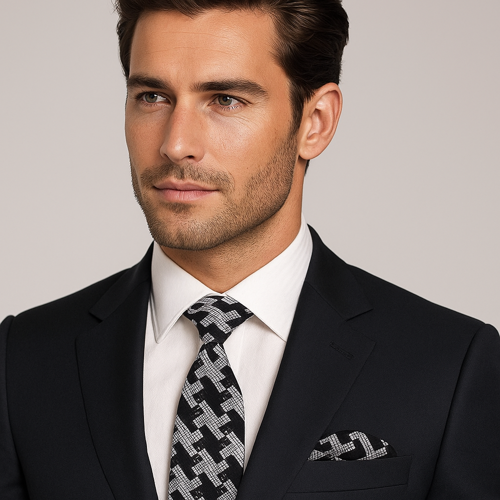 Man wearing a black suit with a patterned tie and pocket square on a plain background