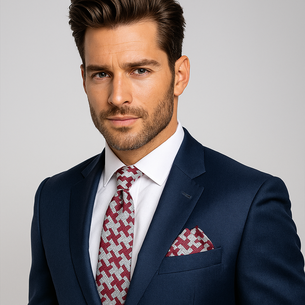 Man wearing a navy suit with a red and white patterned tie and pocket square on a gray background
