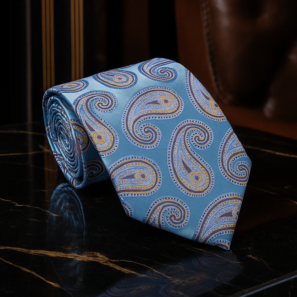 Blue paisley patterned tie on a reflective surface with a blurred background