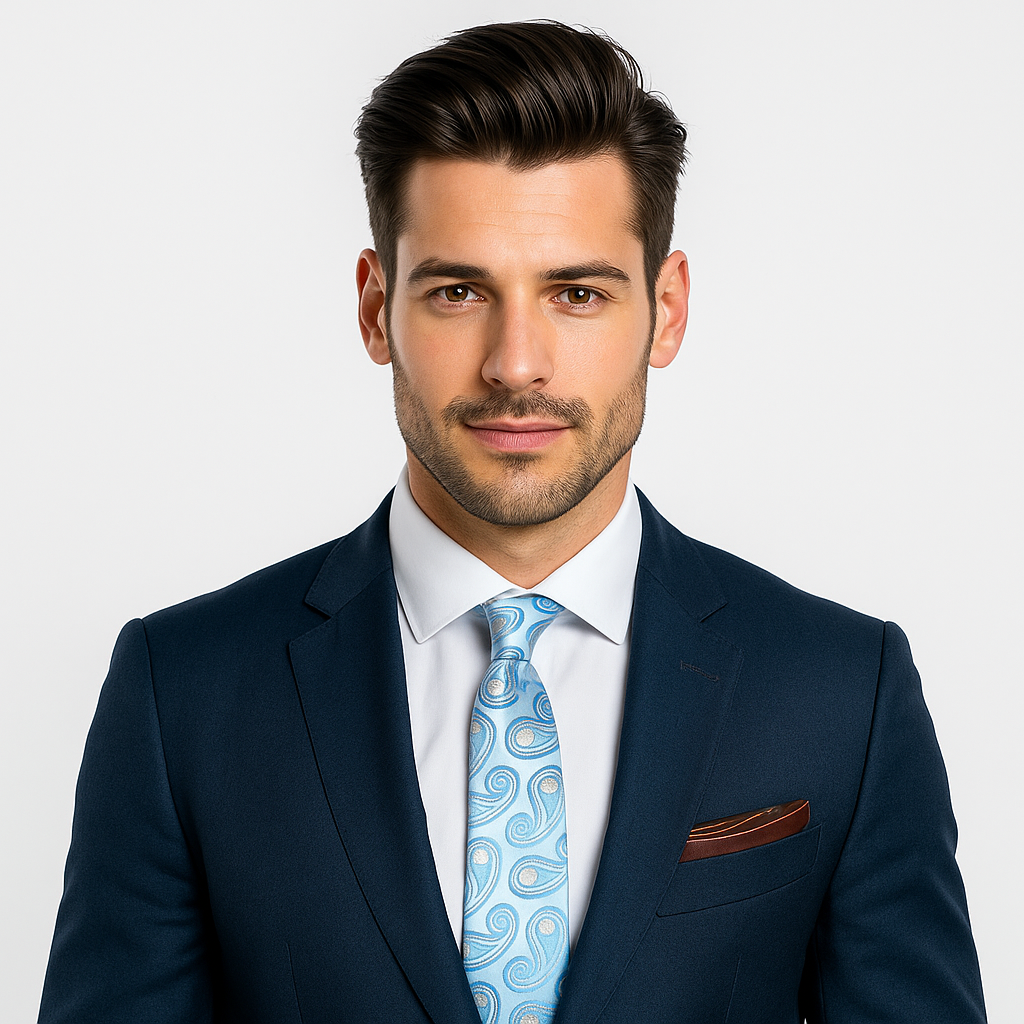 Light Blue paisley necktie and brown square on man wearing blue suit