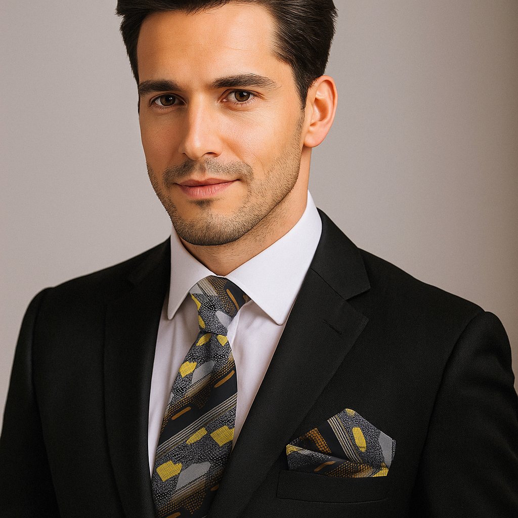 Black and Gold Tie and Square on Man Wearing Suit
