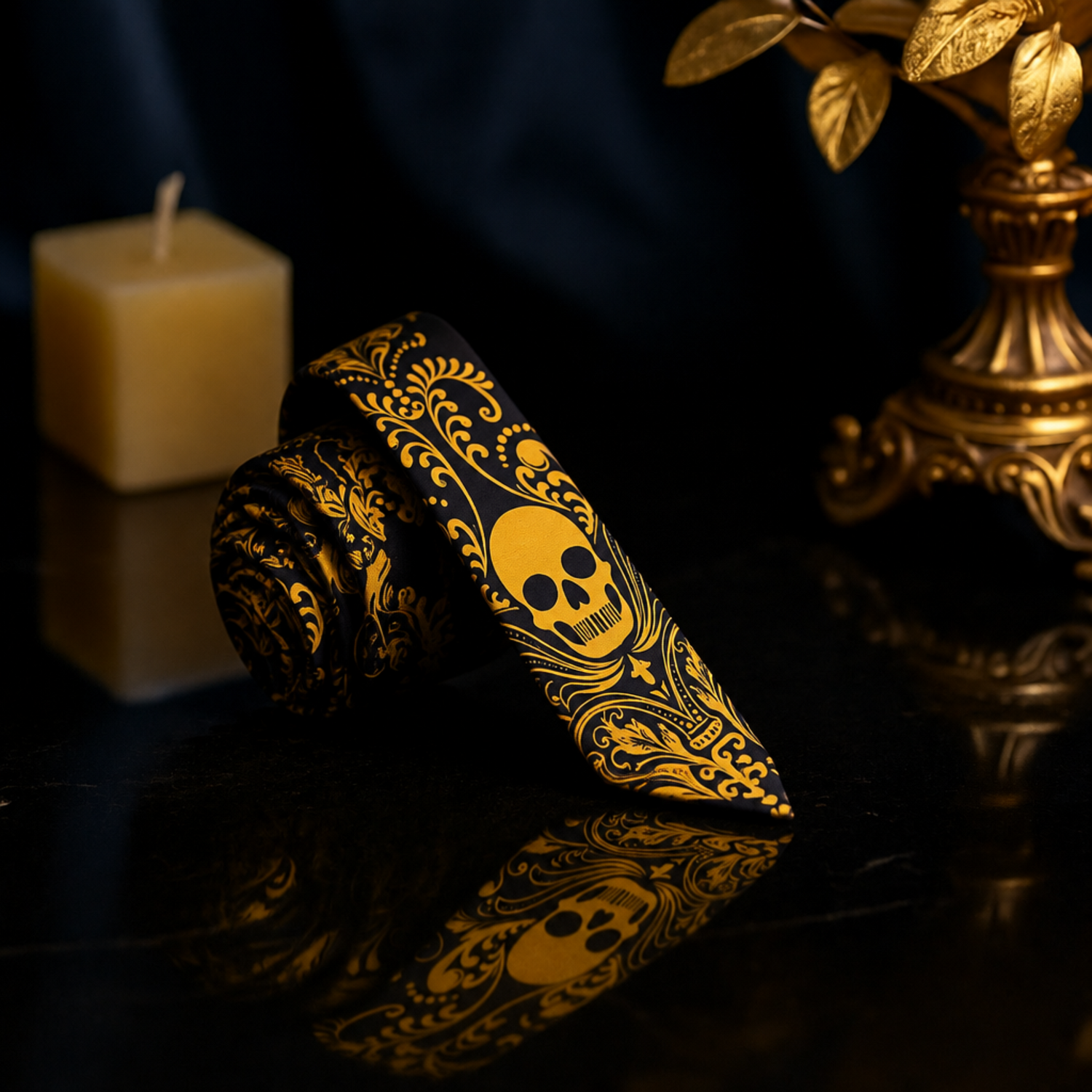 A black necktie with a bold yellow skull and ornate baroque pattern, styled on a dark reflective surface with a candle and a gold decorative vase in the background.