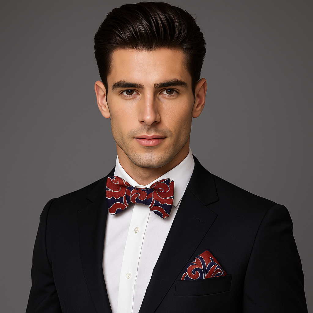 Man wearing a black suit with a red and blue patterned bow tie and pocket square on a gray background