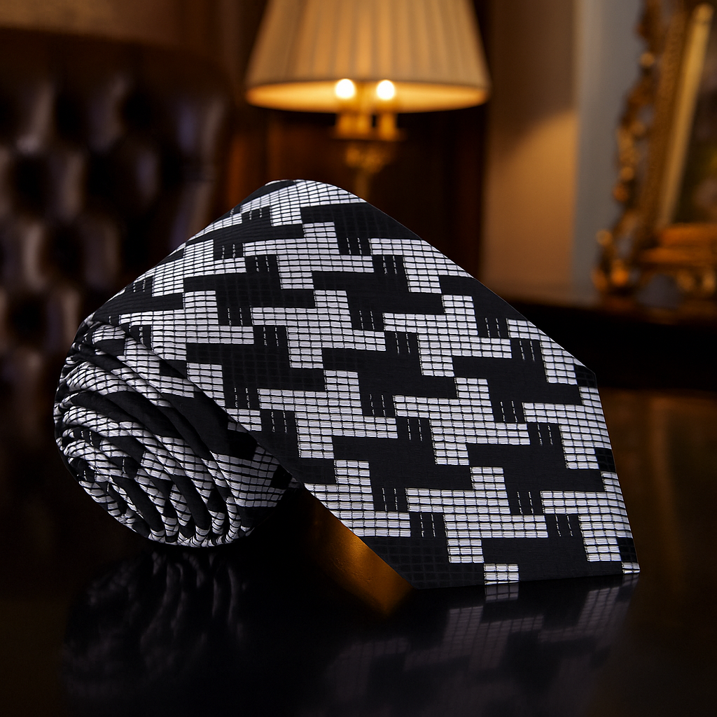 Folded black and white patterned blanket on a dark surface with a blurred background