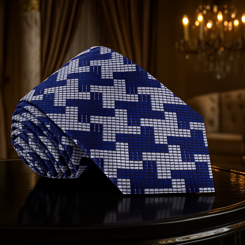 Blue and white patterned tie on a dark surface with a blurred background
