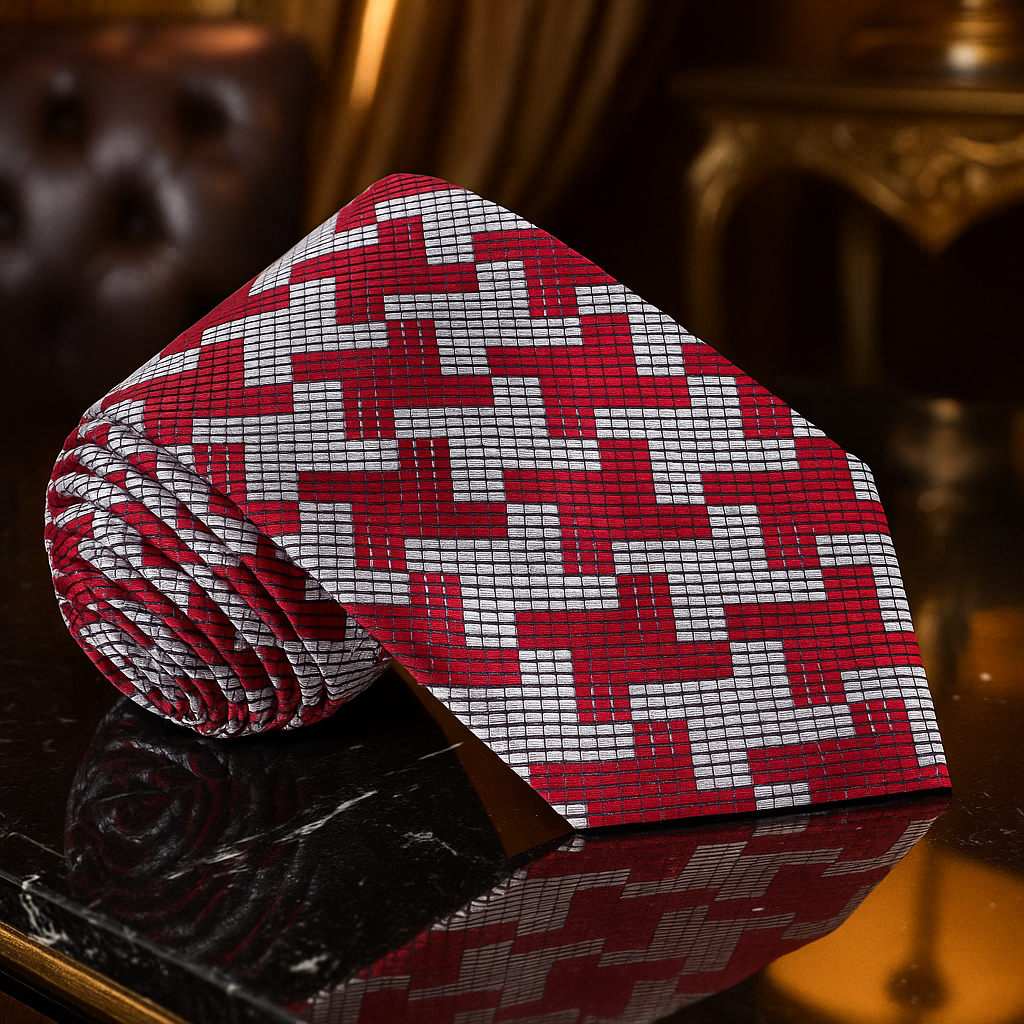 Red and white patterned tie on a dark surface with a blurred background