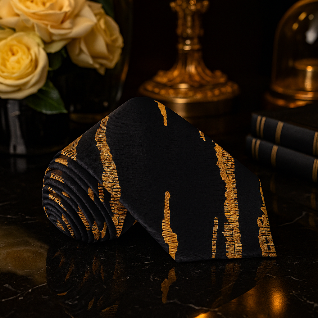 Black tie with gold patterns on a reflective surface, with flowers and decorative items in the background.