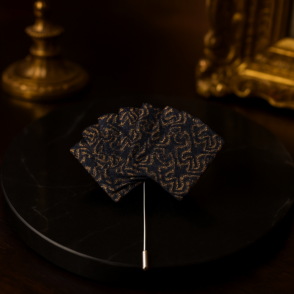 Dark patterned lapel pin on a black background