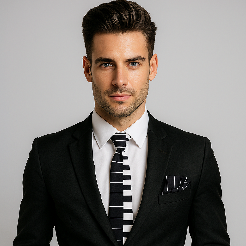 Man wearing a black suit with a white shirt and striped tie on a gray background