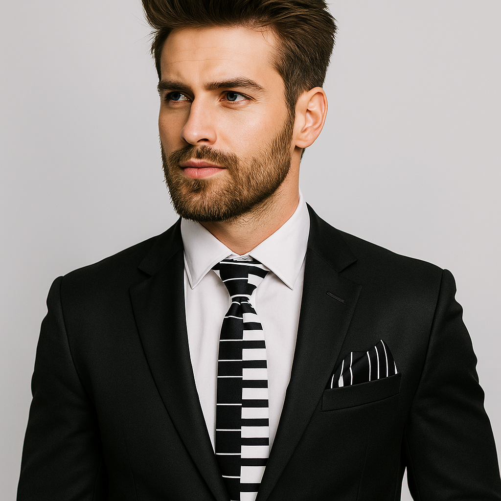 Man wearing a black suit with a striped tie on a gray background