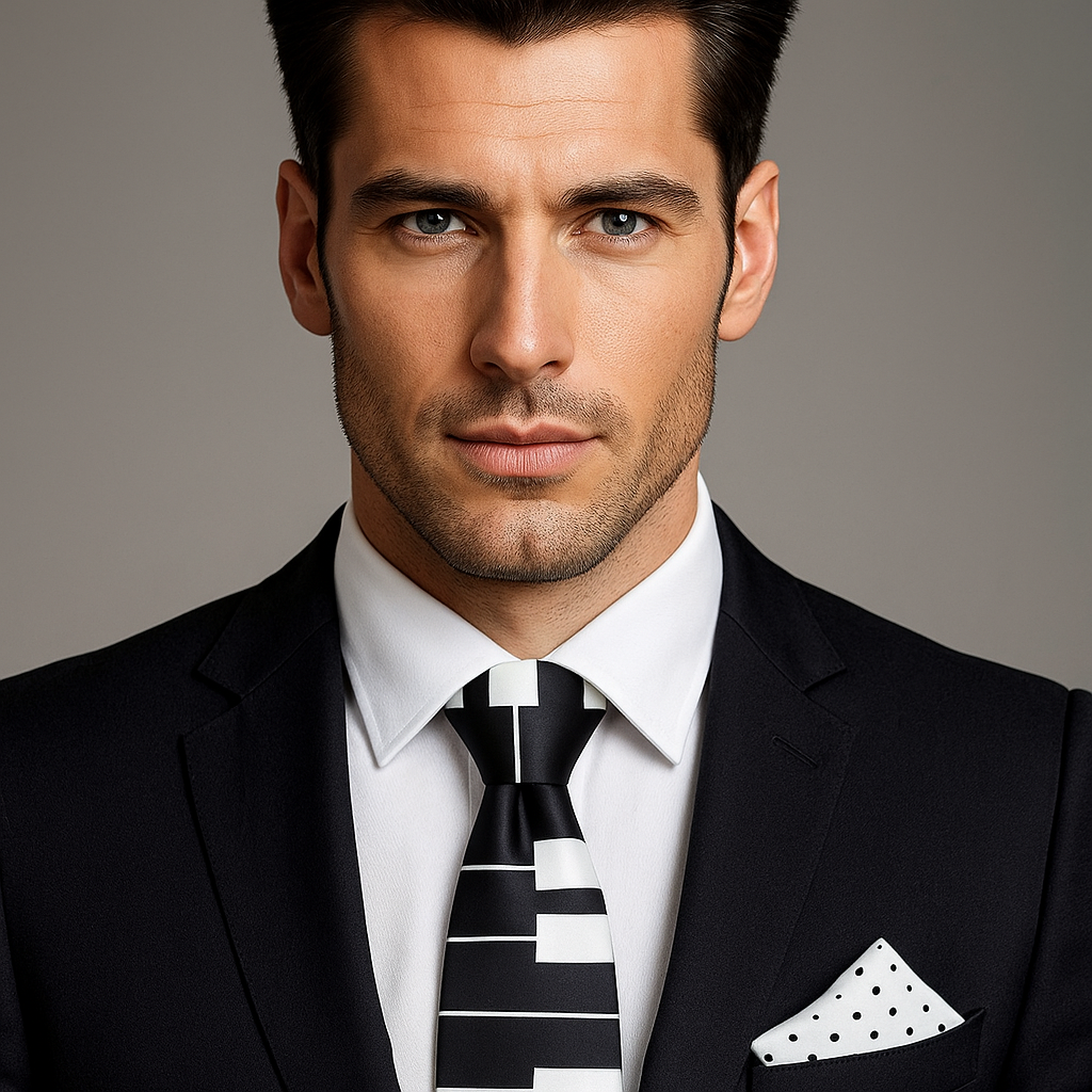 Black with white piano tie on man wearing suit