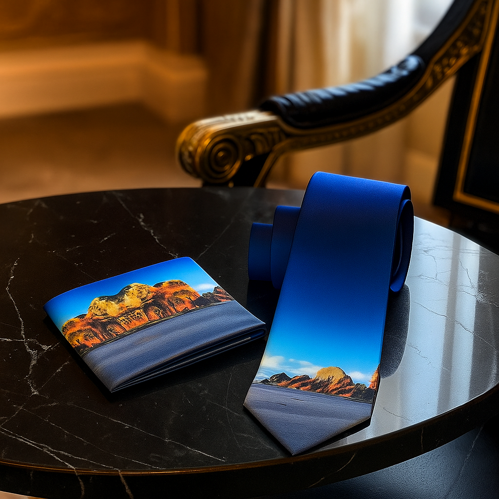 Blue tie and wallet with desert landscape design on a dark surface