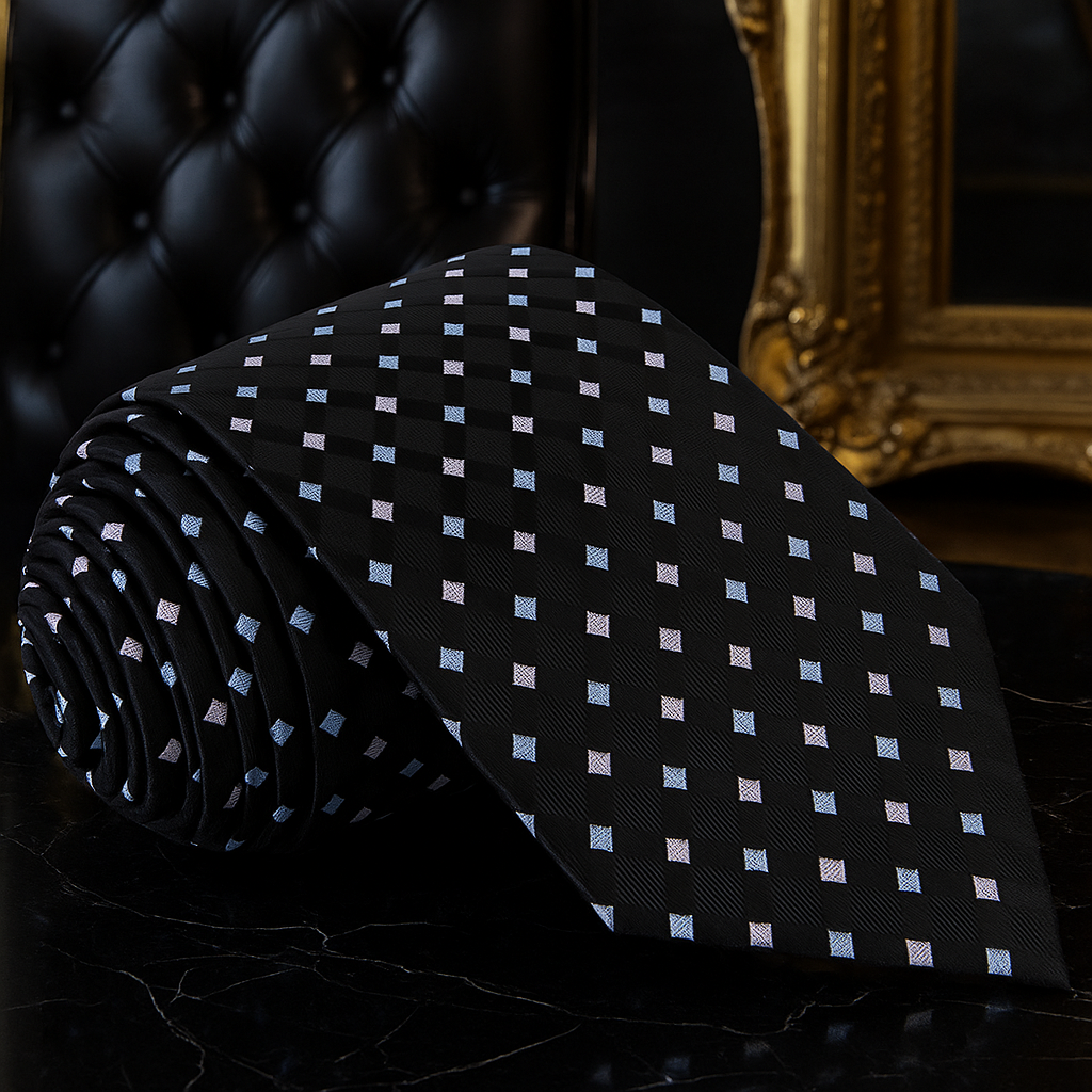 A Black, Light Blue, Light Grey Color Geometric Diamond Pattern Tie 