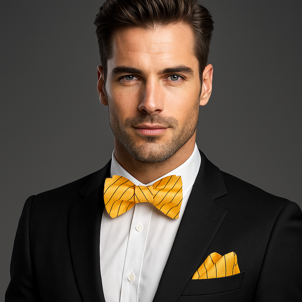 Man wearing a black suit with a yellow bow tie and pocket square on a gray background