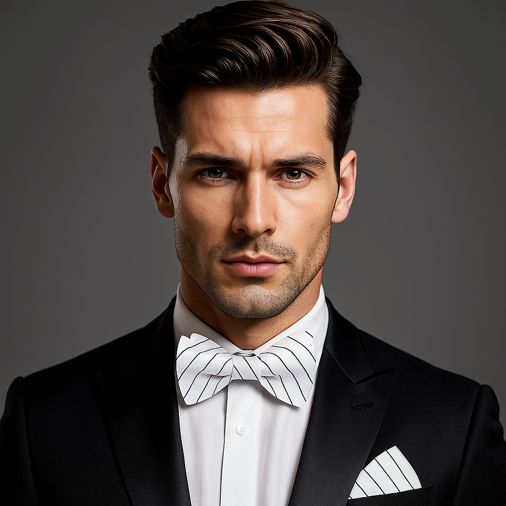 Man wearing a black suit with a white shirt and striped bow tie against a gray background