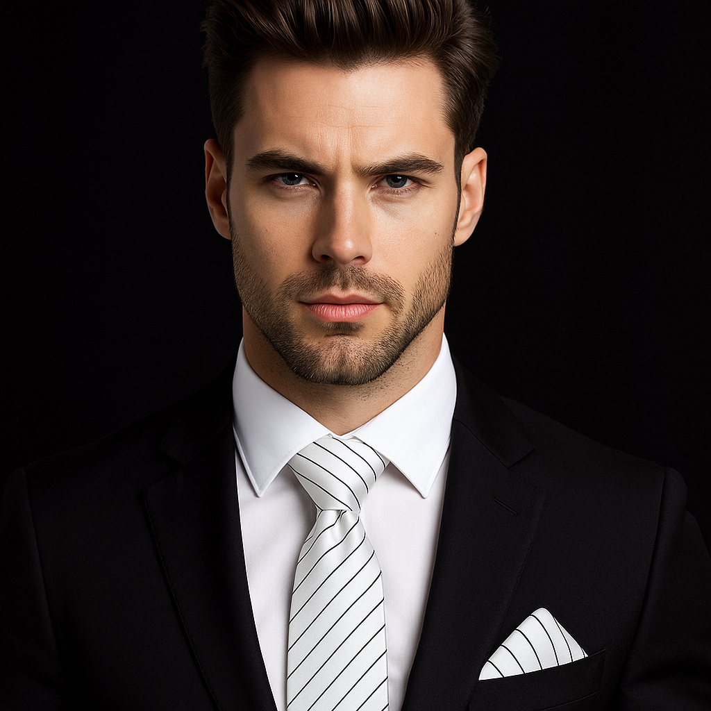 Man wearing a black suit with a white shirt and striped tie against a dark background