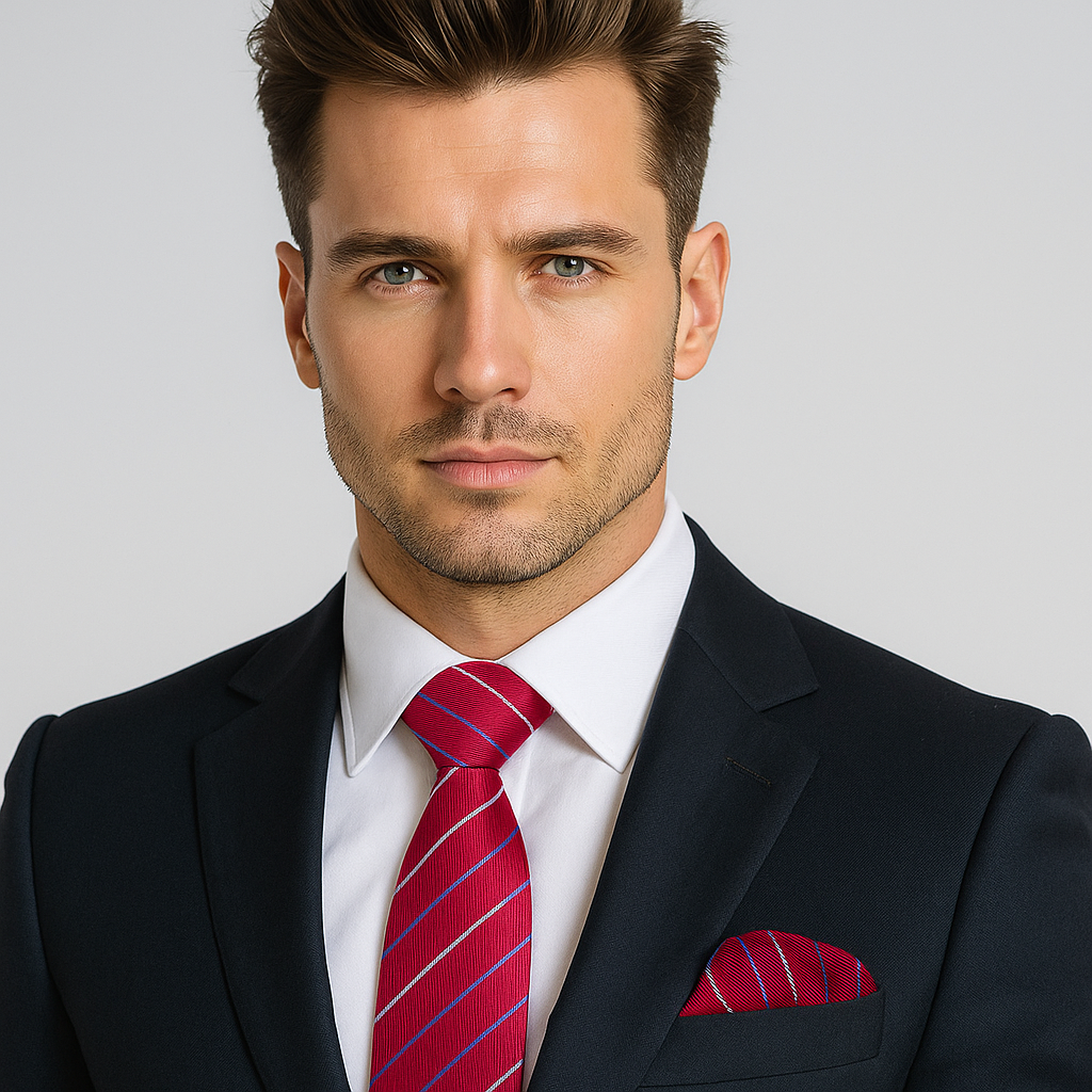Man wearing Red, White, Blue Stripe Pattern Necktie, Matching Pocket Square