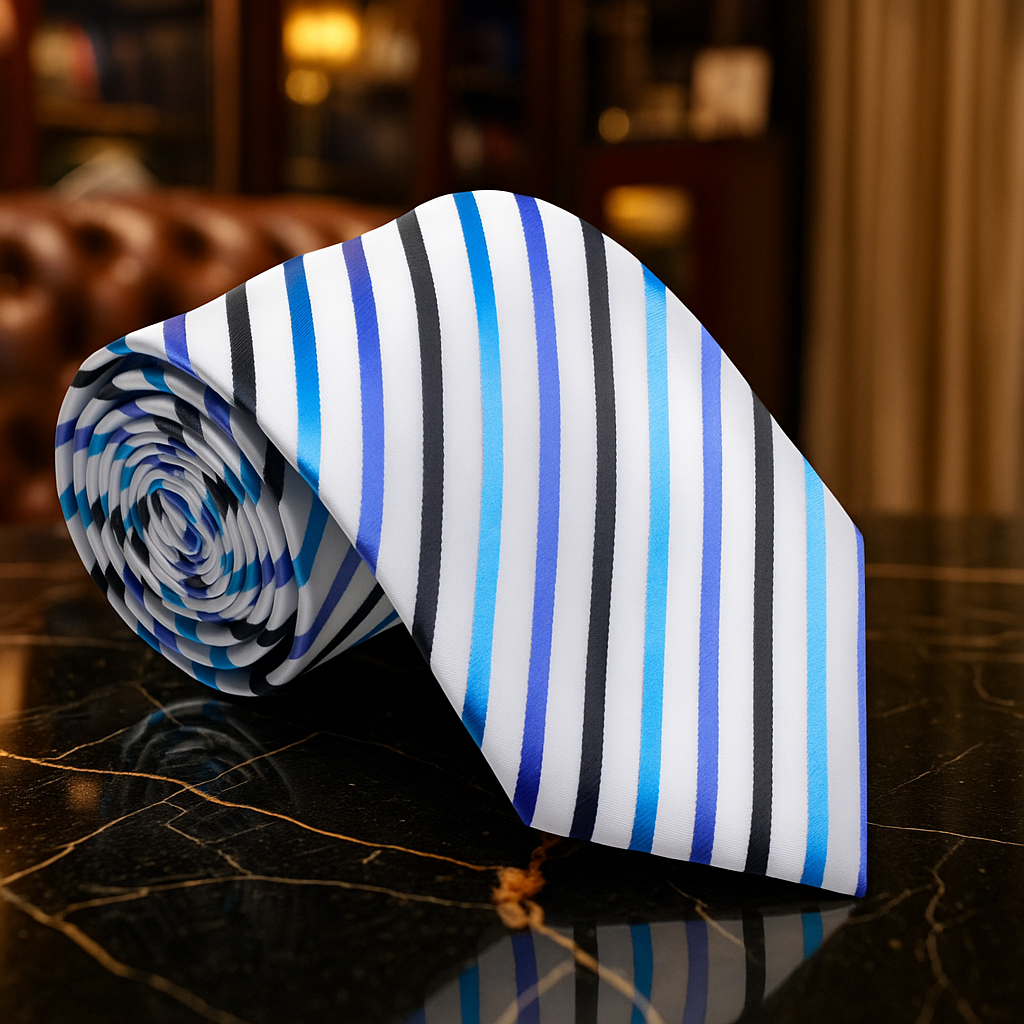 Rolled-up striped tie with blue, black, and white stripes on a dark surface.