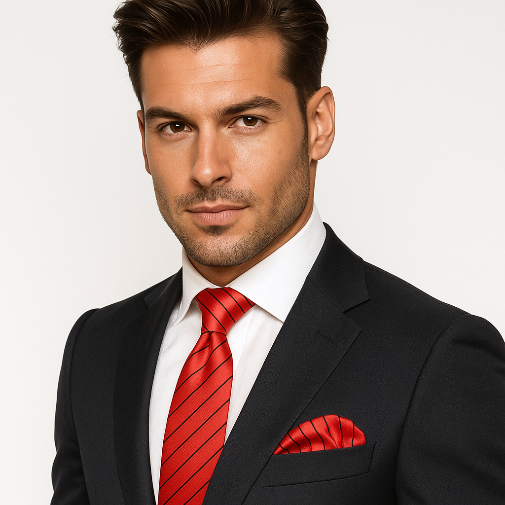 Man wearing a black suit with a red tie and pocket square on a white background