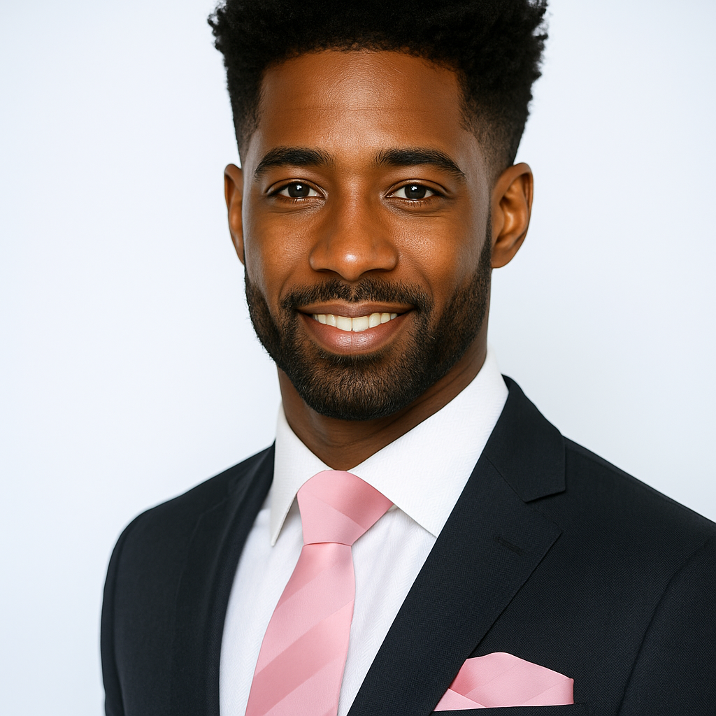 Man wearing a black suit with a pink tie and pocket square on a white background